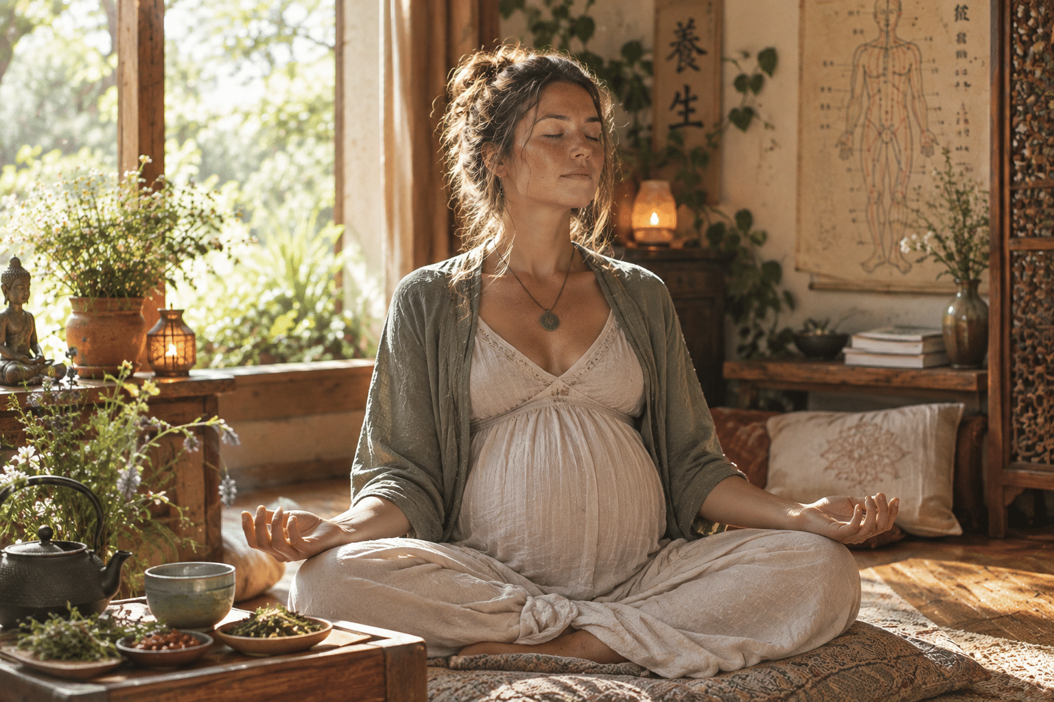 Femme enceinte qui médite grossesse naturelle